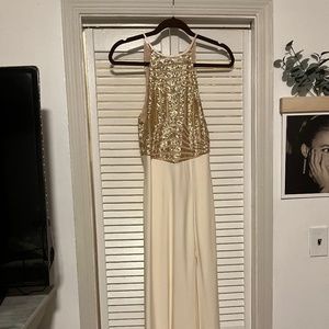 Masquerade Cream evening gown with gold sequence